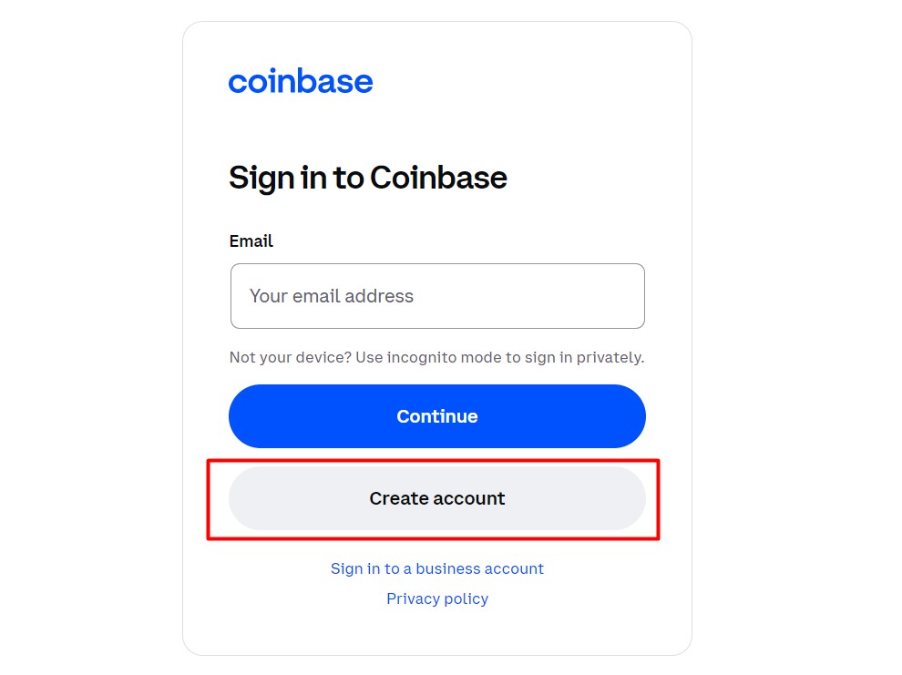 Nhấn Create account để tạo tài khoản Coinbase trên máy tính